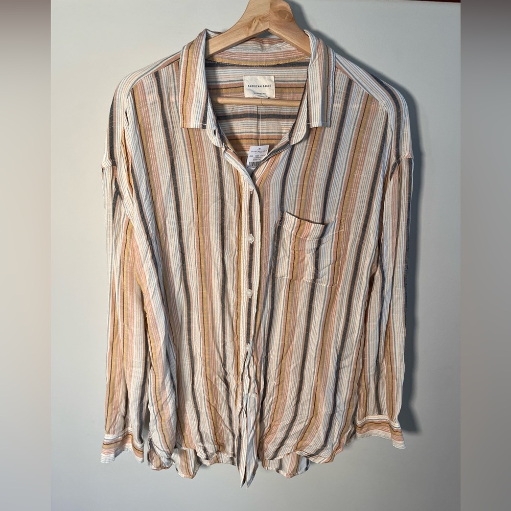 American Eagle Outfitters Men's Striped Button Down‎ Shirt - Cream, Tan, Brown - Picture 2 of 8